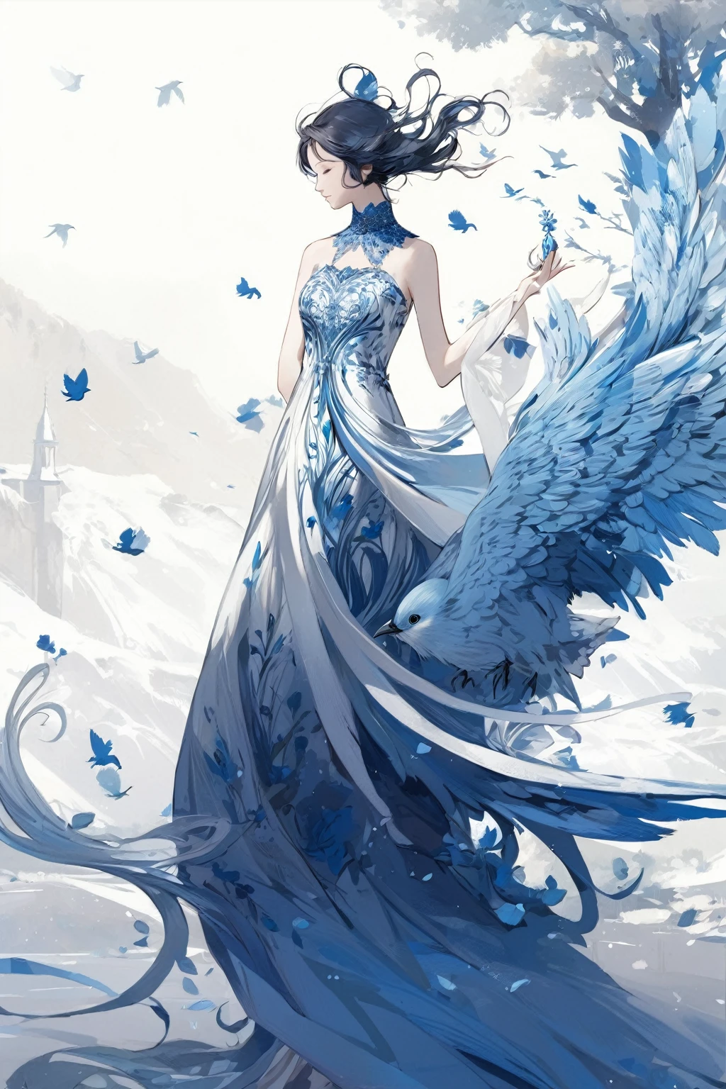 il y a une femme en robe bleue avec un oiseau sur le dos, une belle illustration d'work of'art, ange majestueux complet du corps, bel anime fantastique, digital art sur pixiv, du bel ange, belle work of'digital art, exquisite digital illustration, par Yang J., bel art fantastique, femme seigneur du changement, Beau jeune esprit du vent, illustration fantastique d'anime, déesse de l'hiver