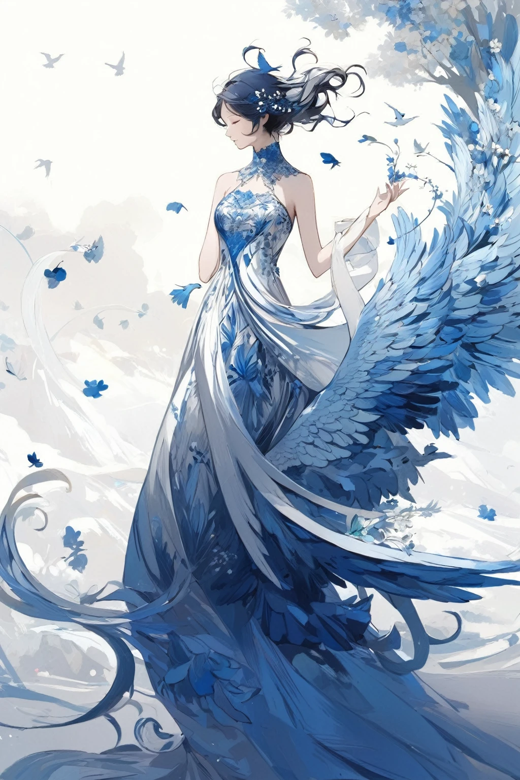 il y a une femme en robe bleue avec un oiseau sur le dos, une belle illustration d'work of'art, ange majestueux complet du corps, bel anime fantastique, digital art sur pixiv, du bel ange, belle work of'digital art, exquisite digital illustration, par Yang J., bel art fantastique, femme seigneur du changement, Beau jeune esprit du vent, illustration fantastique d'anime, déesse de l'hiver