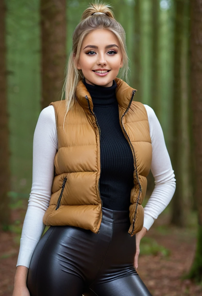 hyperrealistic beautiful busty 18-year-old women with long legs wearing turtleneck shirt with cropped puffer-vest and faux leather leggins, model shooting full body photography, natural blonde long straight ponytail, dark eye makeup with eyeliner, seductive smile, small necklace, 8K, Best quality, Meisterwerk, ultra high resolution, (Realismus: 1.4), Originalfoto, (realistische Hautstruktur: 1.3), (Filmkorn: 1.3), (Selfie-Winkel), 1 girl, Beautiful round hazel eyes and facial details, Meisterwerk, Best quality, posing outdoor deep in the woods