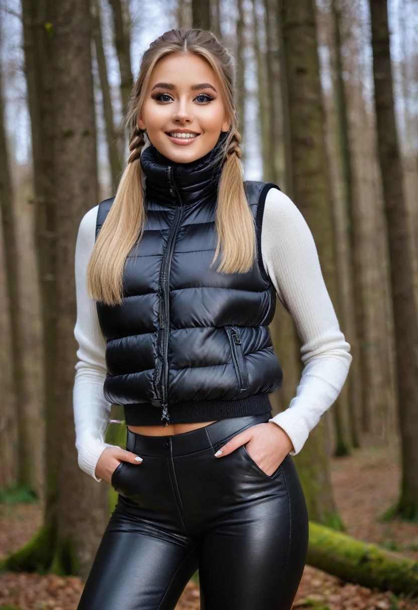 hyperrealistic beautiful busty 18-year-old women with long legs wearing turtleneck shirt with cropped puffer-vest and faux leather leggins, model shooting full body photography, natural blonde long straight ponytail, dark eye makeup with eyeliner, seductive smile, small necklace, 8K, Best quality, Meisterwerk, ultra high resolution, (Realismus: 1.4), Originalfoto, (realistische Hautstruktur: 1.3), (Filmkorn: 1.3), (Selfie-Winkel), 1 girl, Beautiful round hazel eyes and facial details, Meisterwerk, Best quality, posing outdoor deep in the woods