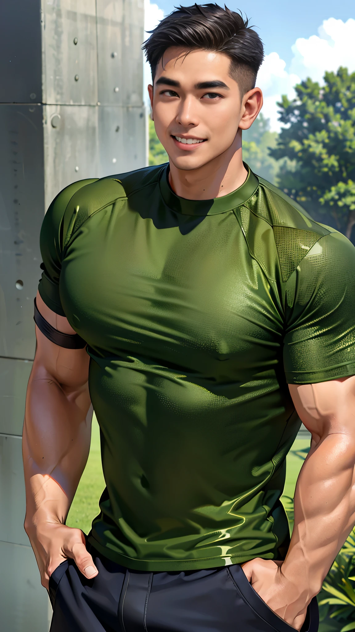 1 man, smile, (Wear army green clothing., round neck, short sleeve football shirt.), Navy cargo pants, Korean people , korean men, (high gloss details), chest muscles, Big arm muscles, blood vessel, big muscles, Broad shoulders, looking at the audience, Balancing the eyes, (Make eye contact), sports stadium, football