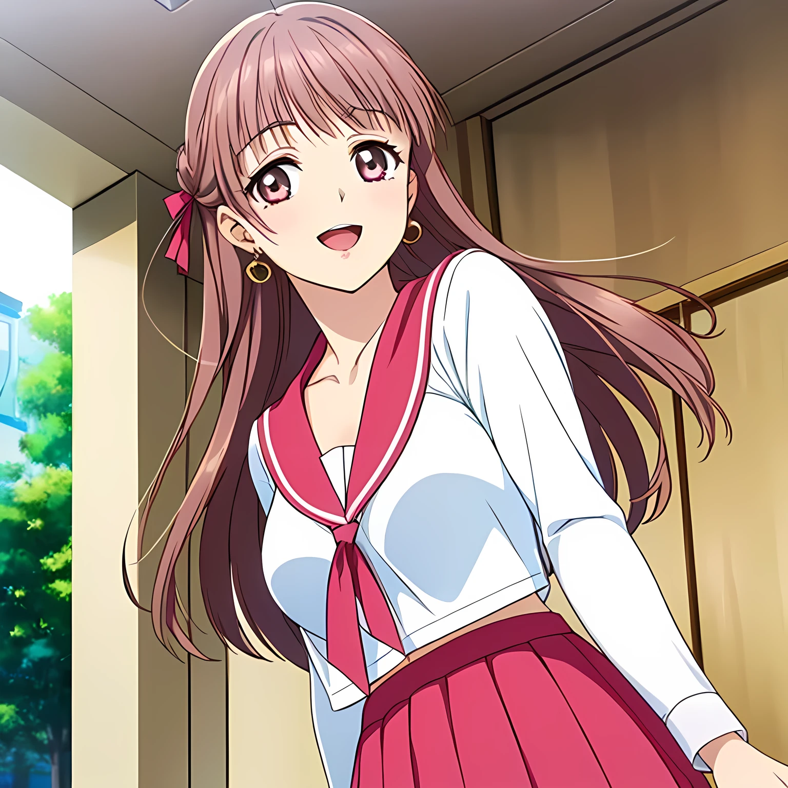 highest quality, (masterpiece:1.2), Very detailed, (((((Game CG))))), ((((A portrait of a very noble and elegant 20-year-old young lady wearing her school sailor uniform, seen from behind.)))), ((The girl everyone loves)), (((((Very beautiful, flaxen, wavy, long hair))))), ((((A neat and tidy pink sailor suit)))), ((((A neat, deep pink long pleated skirt)))), ((((She was smiling with her beautiful, shining eyes narrowed.)))), ((Very long eyelashes)), ((A huge red ribbon on her chest)), ((A refined and elegant look like a noble princess)), (((Beautiful and great smile))), ((Very good posture)), ((Give the viewer a heavenly feeling of happiness)), (((Blur the background))), ((Very noble and elegant face)), ((Slender and shapely breasts)), (((laughing at me with pity!))), In the background is the hallway of the Palace of Versailles, Heart-shaped gold hair ornament and earrings, ((The elegant, slightly open mouth and glossy lips of an anime heroine)), A strong wind is blowing