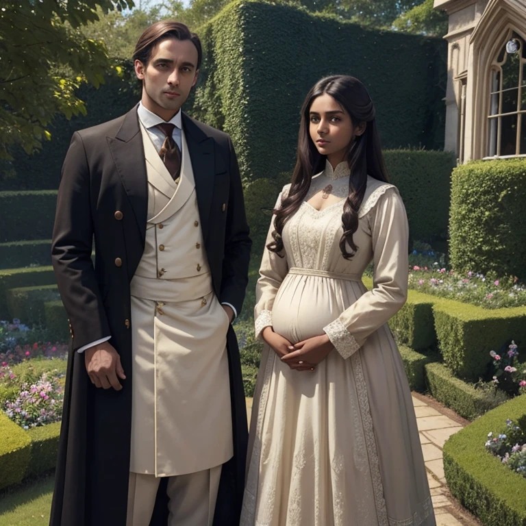 A white English adult husband with light skin and brown hair wearing a historical brown suit standing next to A short very young pregnant Indian girl with green eyes, long black hair, and dark brown skin wearing a long historic Edwardian blue dress with long sleeves standing in the garden of an English Manor