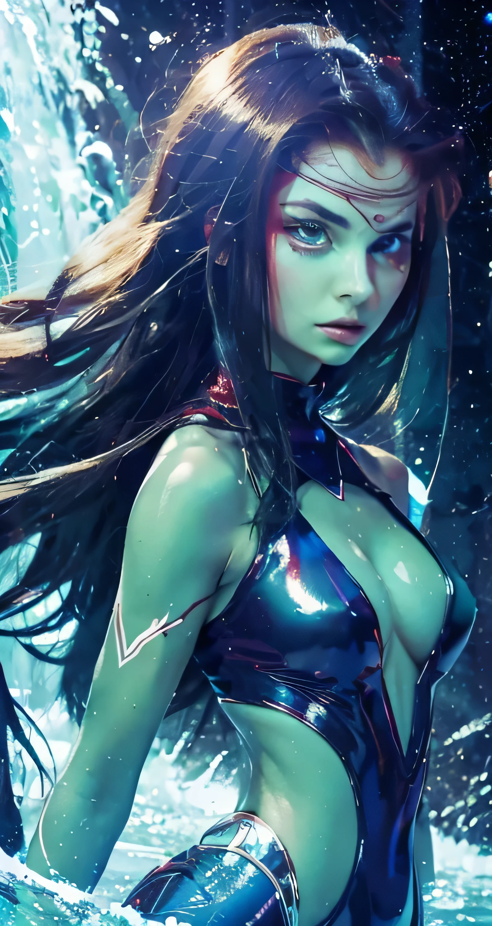 She's dressed in a sleek red suit that perfectly matches her deep, crimson eyes. Her mouth is set in a thin line, and she has a very severe expression.