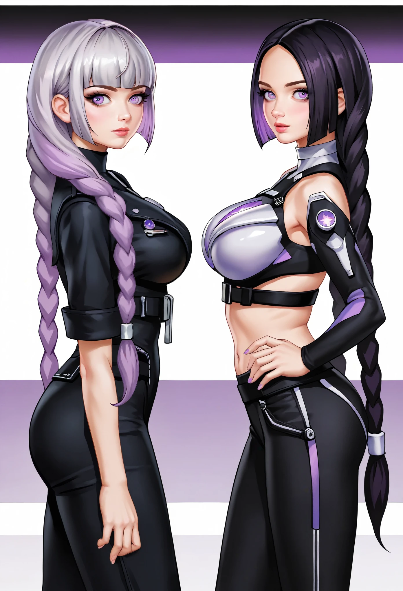 (highest quality:1.2, Very detailed, anime style:1.4, anime, High Contrast, masterpiece:1.2, highest quality, Best aesthetics), Two Girls, yinji and Kim Kardashian , 2Girls, standing side by side, view at viewer, little Solitary Girl, purple_hair,purple_Eye,Very_long_hair,grey_hair,Braided_Ponytail, medium breast, slope_hair, Kim Kardashian with black hair, purple, turtle neck, black jacket, long back pants (cinematic scene), masterpiece, artwork