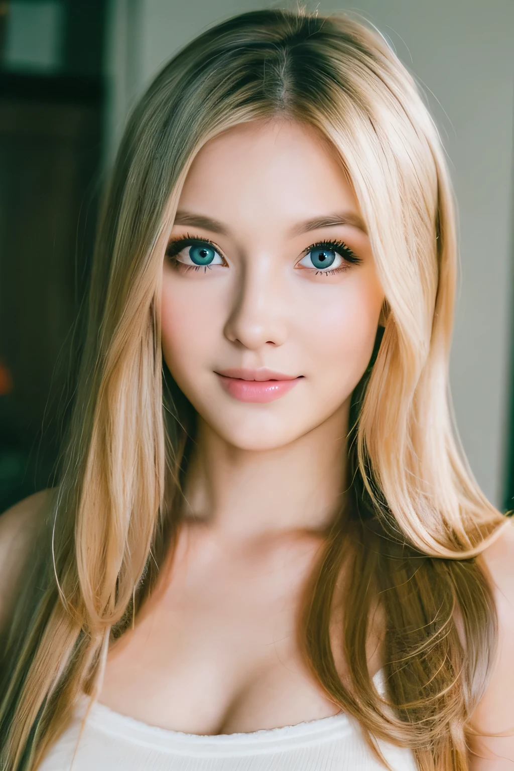 best quality, beautiful, Curvy Body, 22 years old woman, chuckle, long hair, blonde hair, Double eyelids Eyes, Twinkling Eyes, looking at viewer, Pencil-thin Eyebrows, Pointed Nose, Glossy Mouth, tank top, kawaii