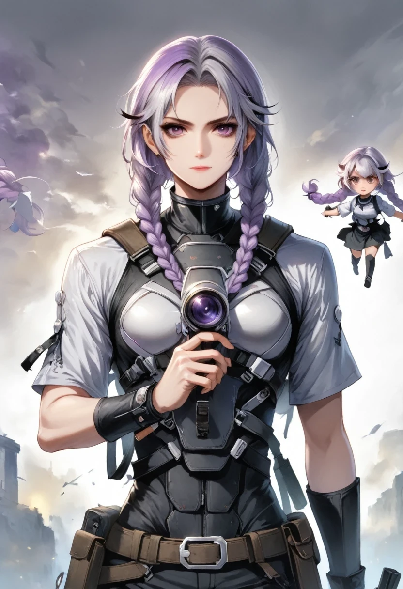 Two people，A man and a girl with long braids，purple and white