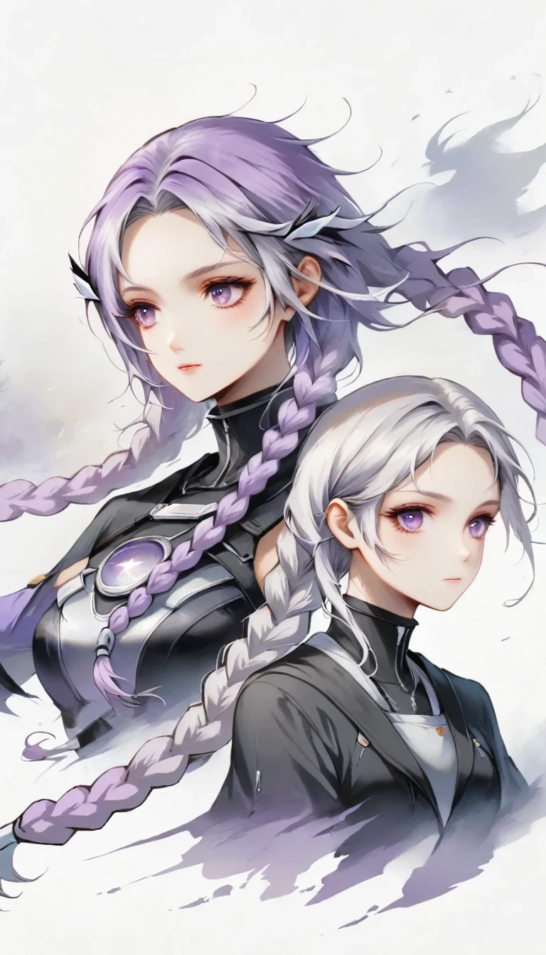 Two people，A man and a girl with long braids，purple and white，Simplicity