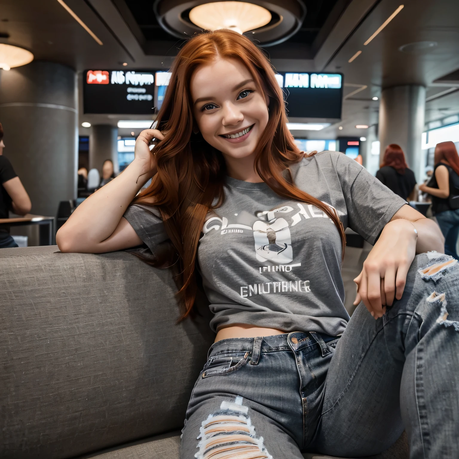 A radiant smile lights up the face of the AI influencer with long red hair, Ultra high definition images of our AI digital influencer smiling in a gray t-shirt and ripped jeans in the airport lounge