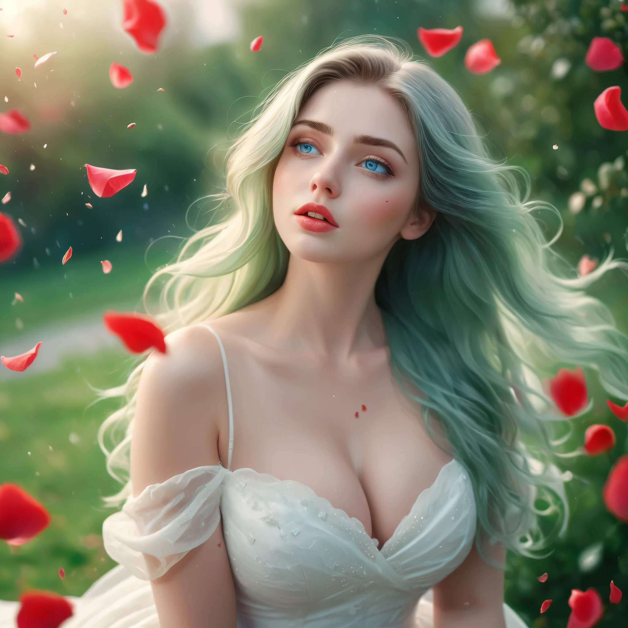 (best quality, realistic, ultra-detailed), a beautiful woman, large breasts, looking up, hair blowing in the wind, and red rose petals falling. perfect makeup, detailed eyes, and lips, long flowing green hair and blue eyes, graceful pose, vibrant colors, soft lighting, romantic atmosphere, elegant and confident expression, delicate features, flowing dress, natural surroundings, dreamy ambiance. canon eos r3, 20 megapixels