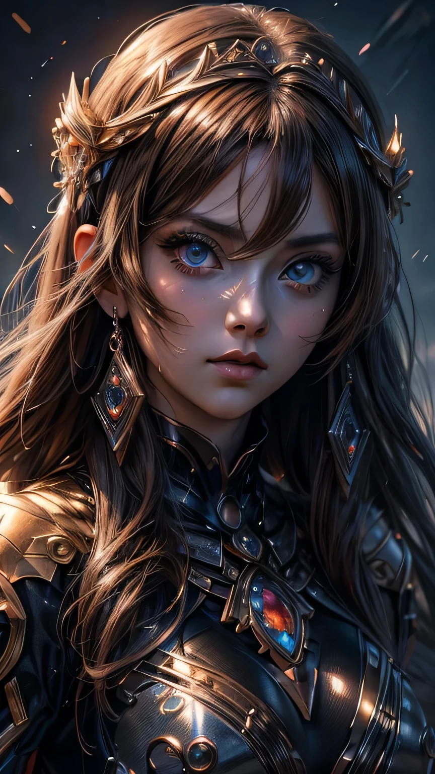 beautiful girl,anime ,goddess face,big eyes,sharp eyes,extre melydetailed face,with symmetrical detailed beautiful eyes,8k,uhd,sharp picture,close-up,long hair brown,digital paintin,cinemetic lighting,chiaroscuro,high detal