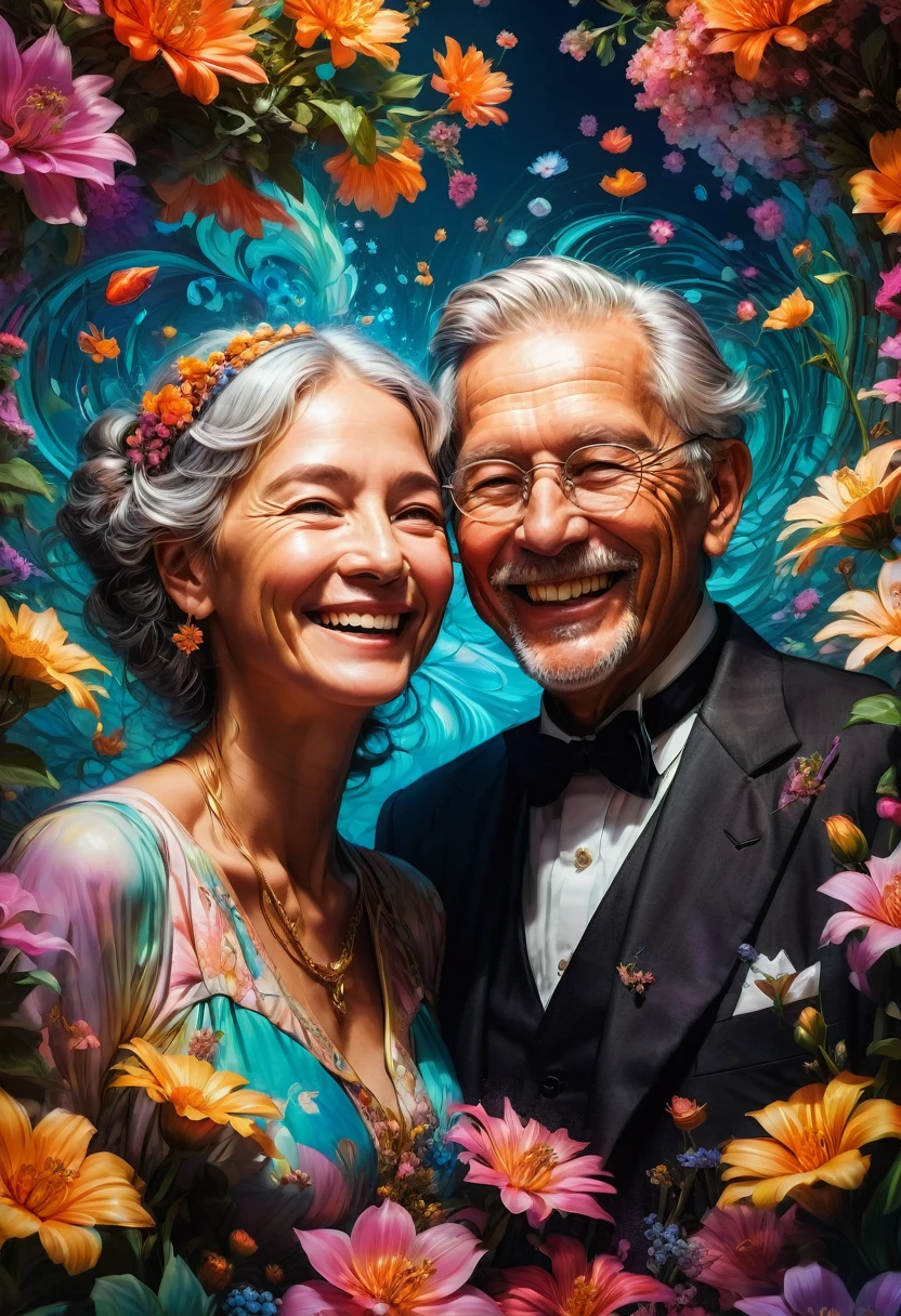Couple Photo, aesthetic, Joyful adorable smiling elderly people laughing and hugging spreading joy: vibrant colors: surrounded by flowers: intricate details, head and shoulders portrait, 8k resolution concept art portrait by Greg Rutkowski, Artgerm, WLOP, Alphonse Mucha dynamic lighting hyperdetailed intricately detailed Splash art trending on Artstation triadic colors Unreal Engine 5 volumetric lighting