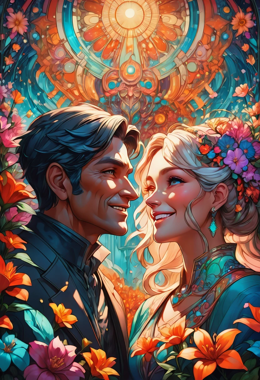 Couple Photo, aesthetic, Joyful adorable smiling elderly people laughing and hugging spreading joy: vibrant colors: surrounded by flowers: intricate details, head and shoulders portrait, 8k resolution concept art portrait by Greg Rutkowski, Artgerm, WLOP, Alphonse Mucha dynamic lighting hyperdetailed intricately detailed Splash art trending on Artstation triadic colors Unreal Engine 5 volumetric lighting