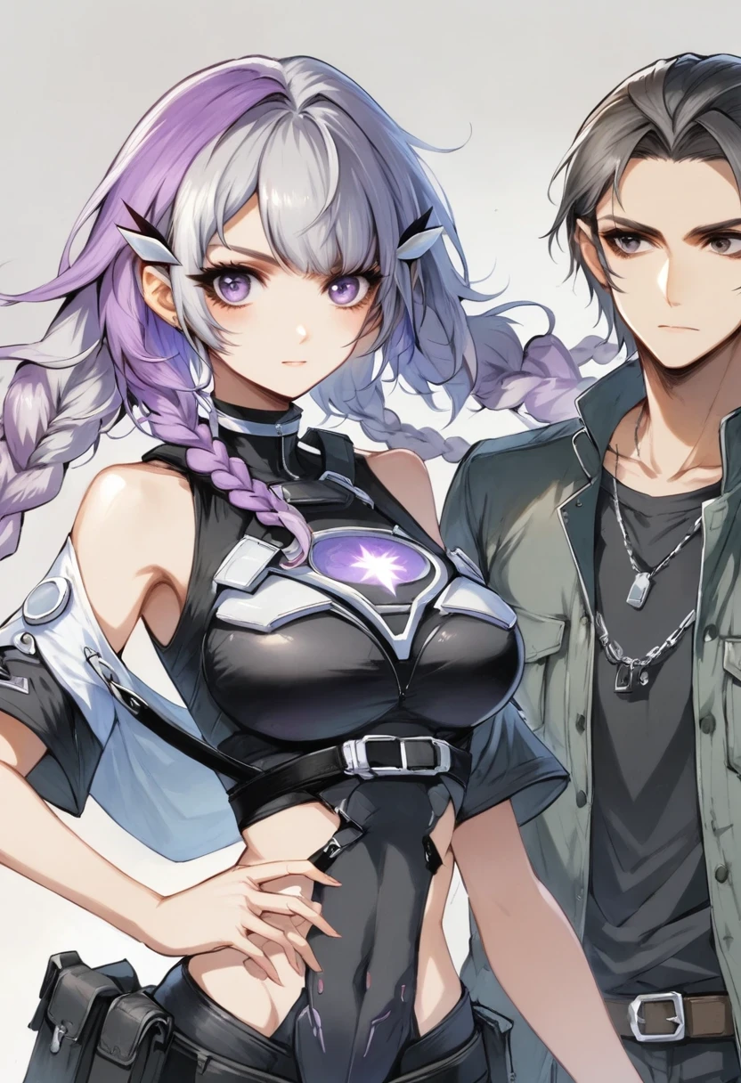 Two people,A man and a girl with long braids,purple and white