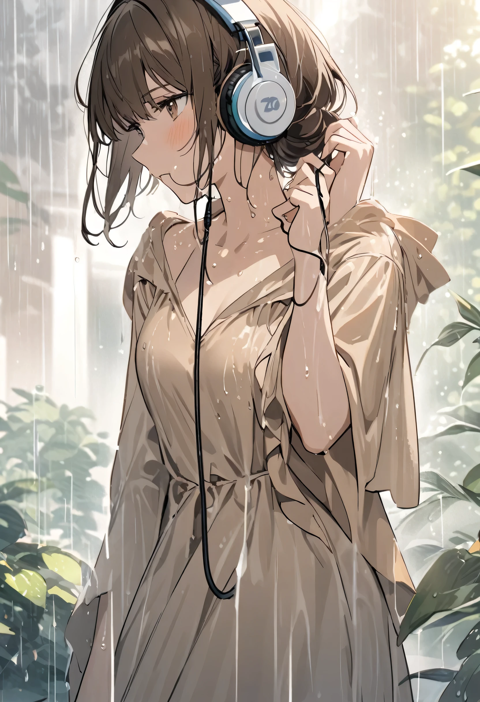 A woman in her twenties wearing a pastel brown gown listening to music from her headphone while being wet in the pouring rain