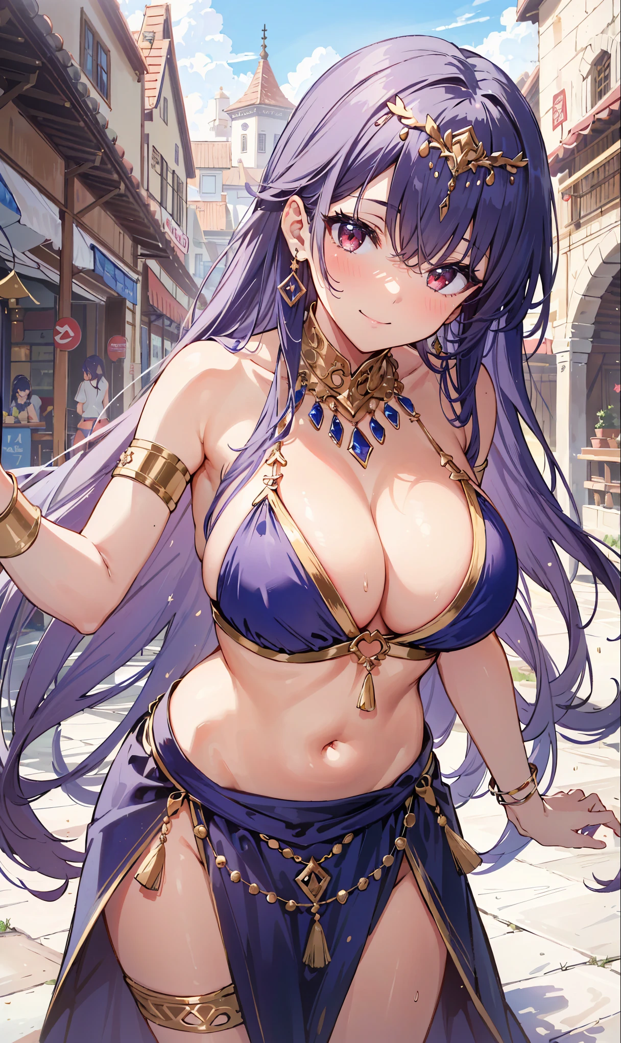 high quality, ultra detailed, best quality, insanely detailed, beautiful, masterpiece, 1girl, medieval plaza, cowboy shot, red eyes, long hair, purple hair, belly dancer, circlet, earrings, armlets, bracelets, bashful smile, large breasts, cleavage, soft stomach
