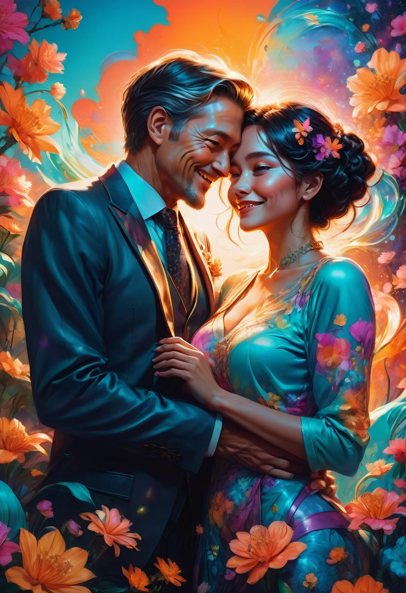 Couple Photo, aesthetic, Joyful adorable smiling elderly people laughing and hugging spreading joy: vibrant colors: surrounded by flowers: intricate details, head and shoulders portrait, 8k resolution concept art portrait by Greg Rutkowski, Artgerm, WLOP, Alphonse Mucha dynamic lighting hyperdetailed intricately detailed Splash art trending on Artstation triadic colors Unreal Engine 5 volumetric lighting