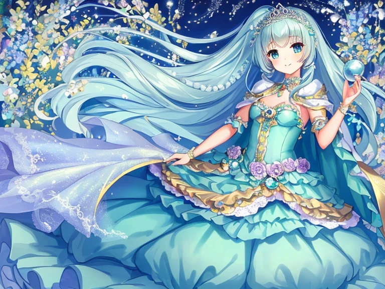 (kawaii),(best quality),(ultra detailed), upper body,(rococo style),(long train mint blue cape:1.05), very long cape,(long train mint blue ball gown with flower decorations:1.05), a girl is wearing a cape over her gown, 1 princess, tiara, smile, small breasts, very long hair