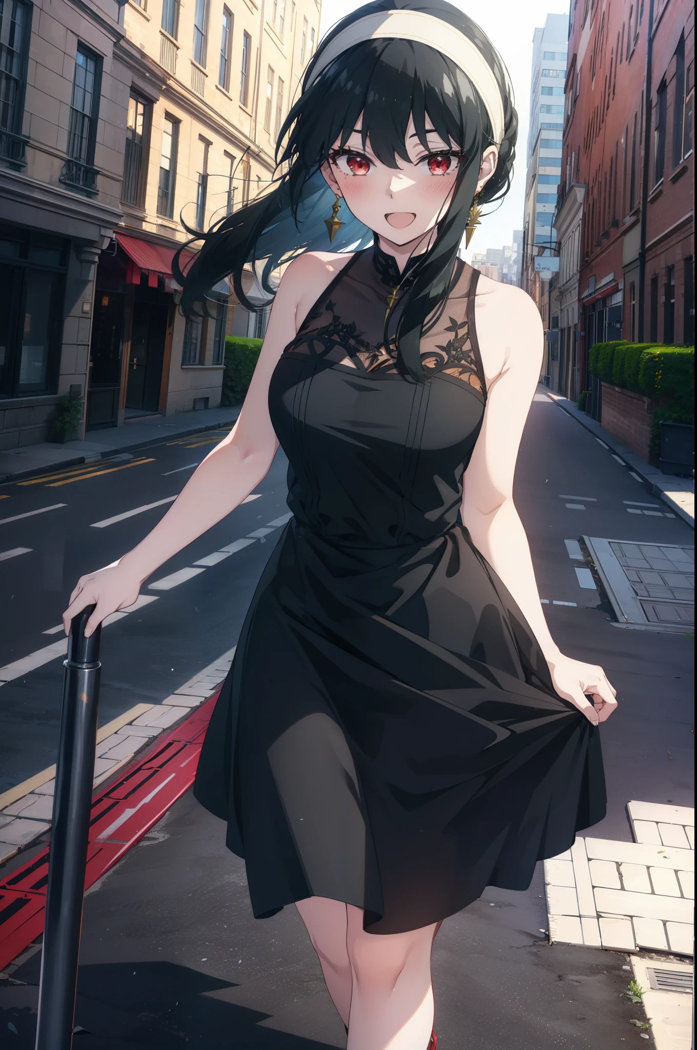 Your thorns, One girl, blush, Black Hair,Red eyes, hair band, jewelry, Earrings, happy smile, smile, Open your mouth, Black sleeveless dress,Bare arms,Long skirt,Cute Sandals,whole bodyがイラストに入るように,Daytime,sunny,
break looking at viewer,whole body,
break outdoors, city,construction area,bridge、
break (masterpiece:1.2), highest quality, High resolution, unity 8k wallpaper, (shape:0.8), (Beautiful details:1.6), Highly detailed face, Perfect lighting, Extremely detailed CG, (Perfect hands, Perfect Anatomy),