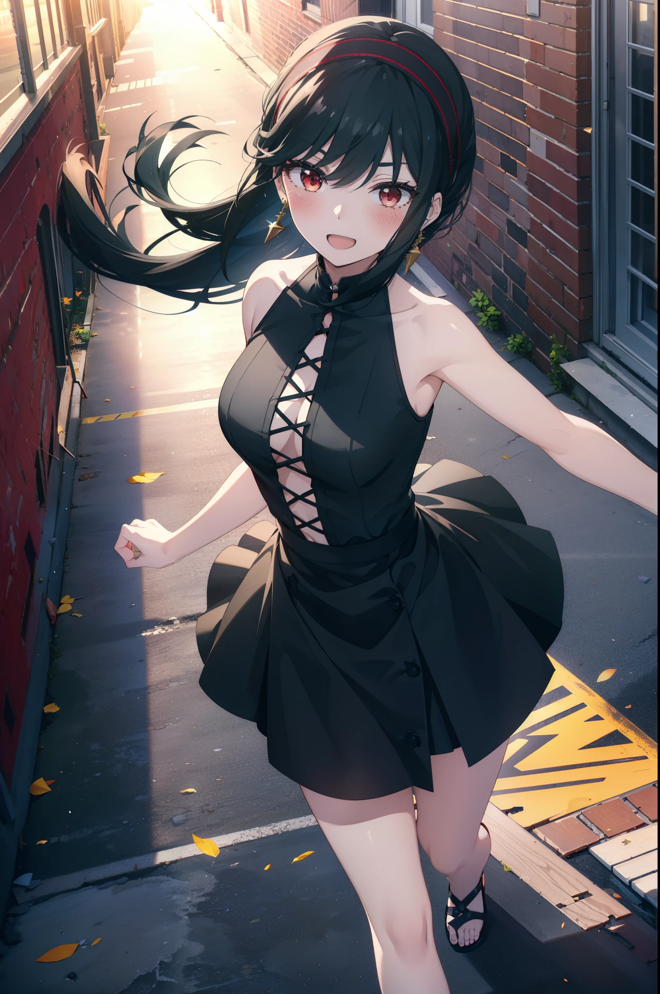 Your thorns, One girl, blush, Black Hair,Red eyes, hair band, jewelry, Earrings, happy smile, smile, Open your mouth, Black sleeveless dress,Bare arms,Long skirt,Cute Sandals,whole bodyがイラストに入るように,Daytime,sunny,
break looking at viewer,whole body,
break outdoors, city,construction area,bridge、
break (masterpiece:1.2), highest quality, High resolution, unity 8k wallpaper, (shape:0.8), (Beautiful details:1.6), Highly detailed face, Perfect lighting, Extremely detailed CG, (Perfect hands, Perfect Anatomy),