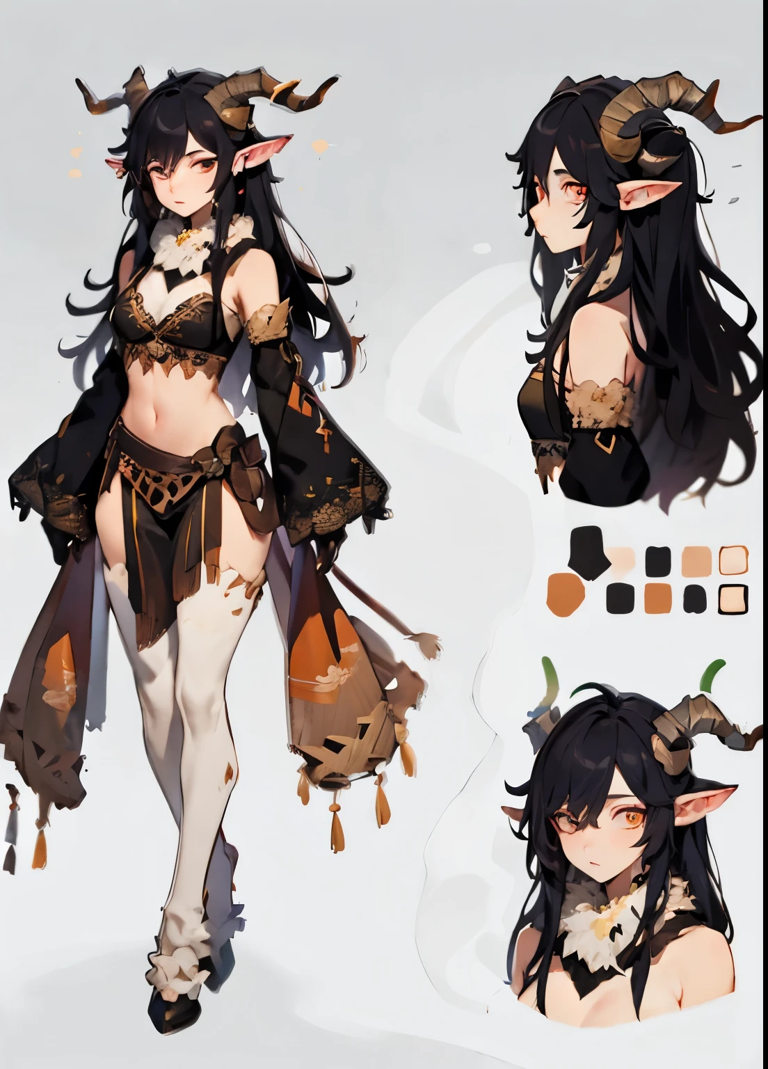 ((best quality)), ((highly detailed)), absurdres, detailed face, beautiful face, (detailed eyes, deep eyes), (1girl), (CharacterSheet:1), (multiple views, full body, upper body, reference sheet:1), dynamic pose, full body, satyrcpt, (satyr), black hair, light orange eyes, horns, animal ears, (goat horns), (goat legs), hooved legs, (furry legs), hooves, medium breasts, tube top, loincloth, pelvic curtain, gloves, (outside, in a castle, noon)