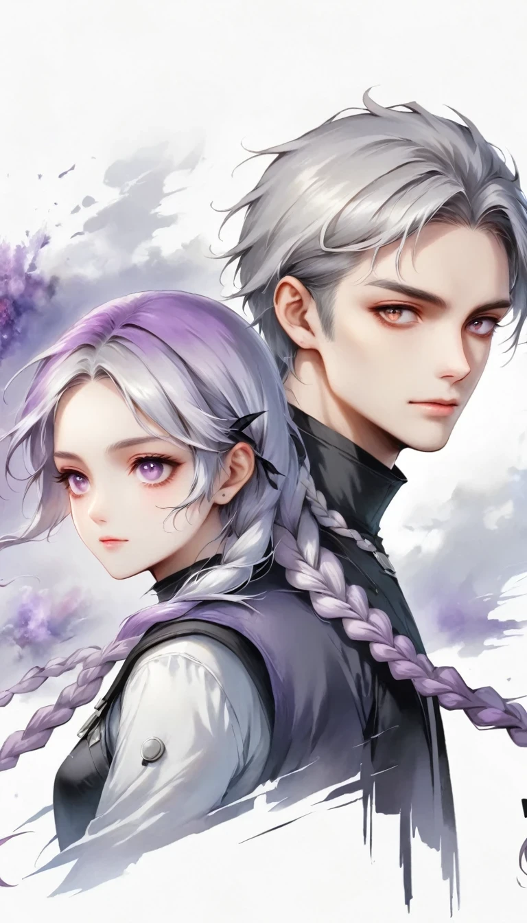 Two people,A man and a girl with long braids,purple and white,Simplicity