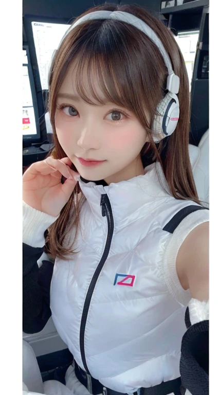 An innocent 20-year-old girl、((White tank top, Dramatic Pose)),smile,break (Spacecraft control room background):2,、break RAW Photos, (8k、highest quality、masterpiece:1.2)、(Intricate details:1.4)、(Realistic:1.4)、Octane Rendering、Complex 3D rendering with ultra-detail, Studio Soft Light, Rim Light, Crisp details, Super detailed, Realistic skin texture, detailed aspects, Beautiful details in the eyes, Highly detailed CG Unity 16k wallpaper, Compensate, (Detailed Background:1.2), Glowing Skin, whole body、(Astro Best):2,(Black long sleeve):5,headphone,Smart Watches,((Stand with your hands folded behind your back、Leaning forward、Top view))