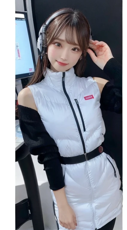An innocent 20-year-old girl、((White tank top, Dramatic Pose)),smile,break (Spacecraft control room background):2,、break RAW Photos, (8k、highest quality、masterpiece:1.2)、(Intricate details:1.4)、(Realistic:1.4)、Octane Rendering、Complex 3D rendering with ultra-detail, Studio Soft Light, Rim Light, Crisp details, Super detailed, Realistic skin texture, detailed aspects, Beautiful details in the eyes, Highly detailed CG Unity 16k wallpaper, Compensate, (Detailed Background:1.2), Glowing Skin, whole body、(Astro Best):2,(Black long sleeve):5,headphone,Smart Watches,((Stand with your hands folded behind your back、Leaning forward、Top view))