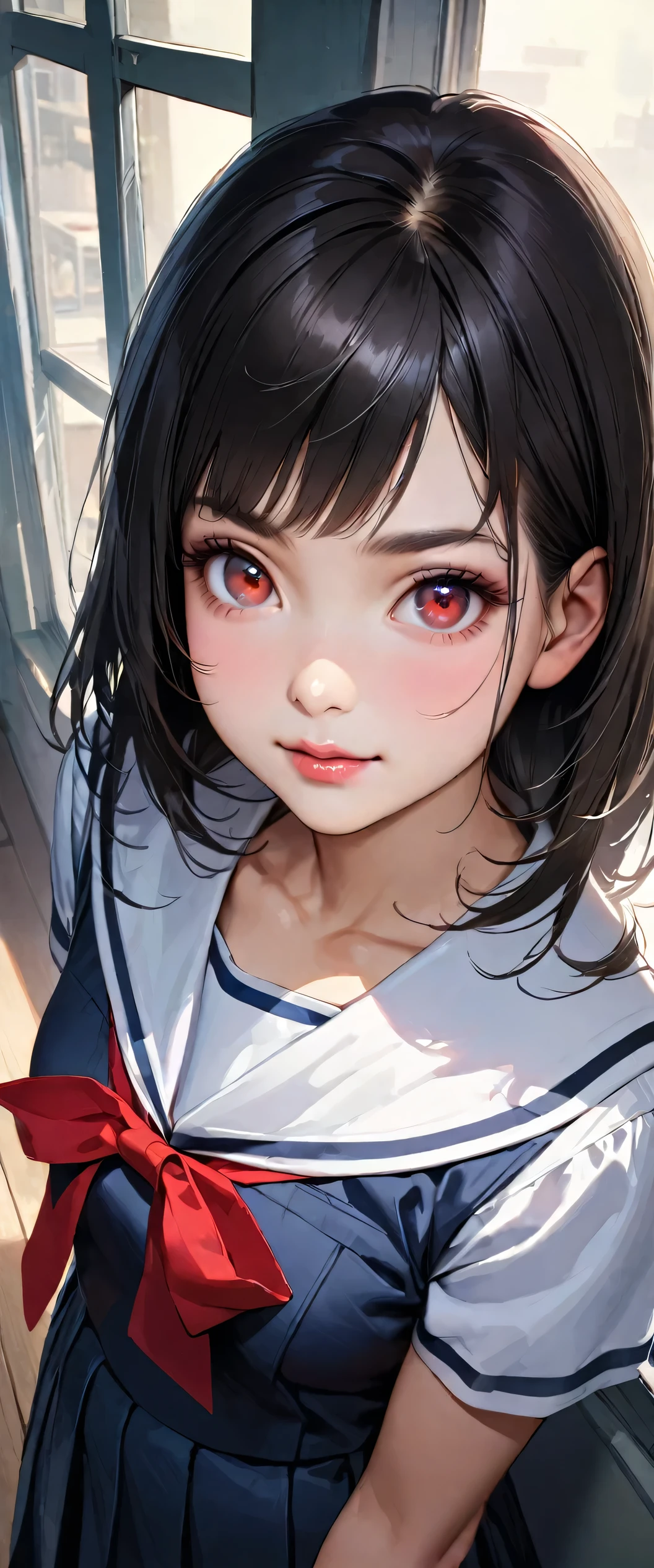 highest quality、High resolution、Detailed Background、Beautiful face in every detail、Teenage beauty、Detailed red eyes、Realistic、Perfect body line、Black Hair、Black Hairロングヘア、well-groomed eyebrows、Cute Lip Makeup、Calm atmosphere、A short-sleeved shiny dark sailor suit、White sailor collar、Navy blue pleated skirt、Red ribbon、White Stockings、Standing by the window in the classroom、Looking at me with a happy expression、Cute gestures、very beautiful