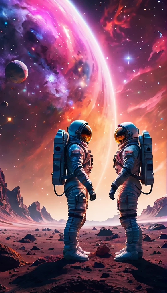 a pair of astronauts,a woman and a man,standing on an alien planet,looking into each other's eyes,colorful alien sky with stars and galaxies reflected from transparent viewfinders,detailed faces and expressions,highly realistic,cinematic lighting,photorealistic,8k,ultra-detailed,masterpiece,dramatic sci-fi landscape,vibrant colors,dramatic lighting,detailed spacesuit textures,volumetric atmosphere,glowing nebulae