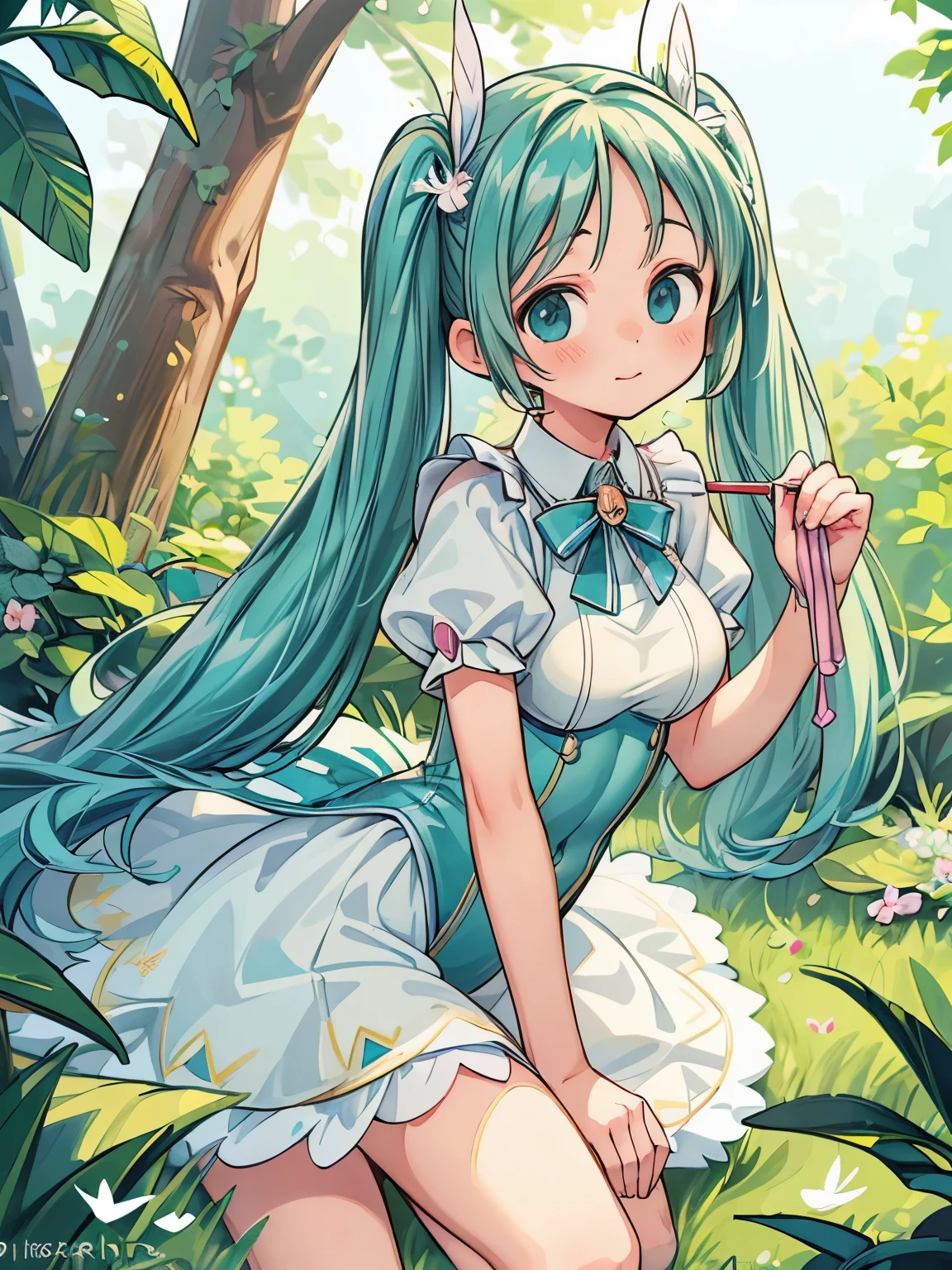 (masterpiece、highest quality、highest quality、Official Art、Beautiful and beautiful:1.2)、(One girl:1.3)Hatsune Miku、Twin tails,Big Breasts,((masterpiece)), ((highest quality)), (Professional photography:1.2), Aura Butler,Dunbine,Miferario,leotard,Fairy,Feather,Bystonwell,story