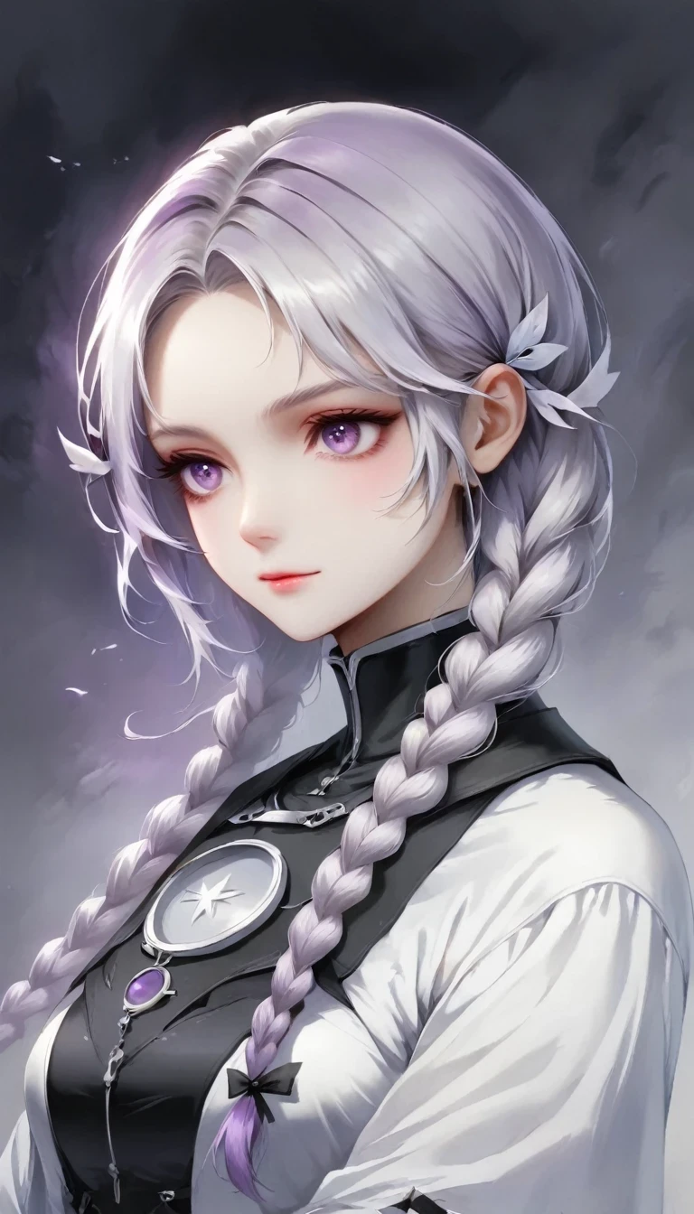 Two people,A man and a girl with long braids,purple and white,Simplicity