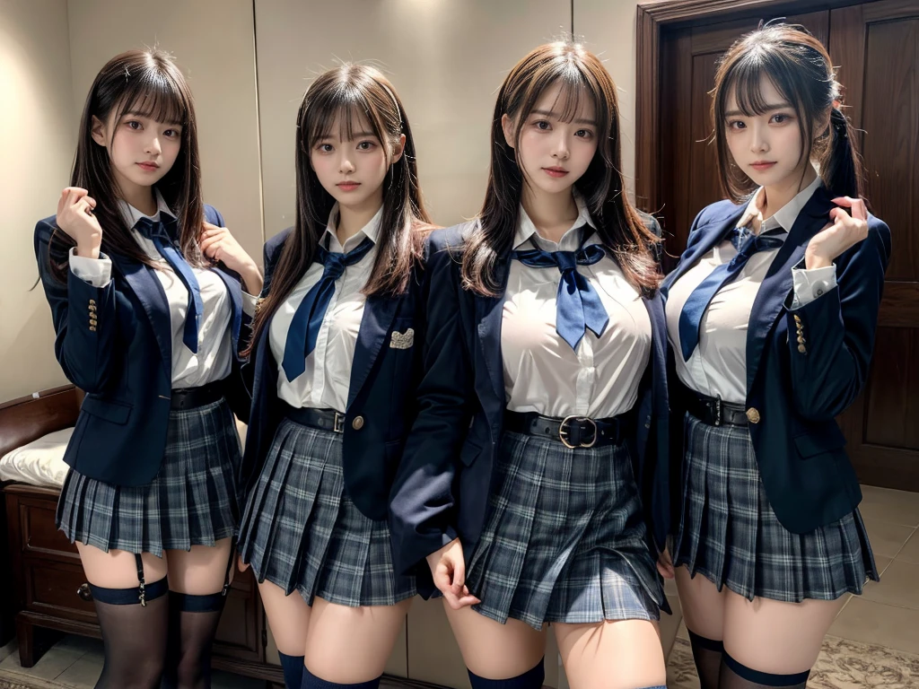 (8K, Raw photography, top-quality, masterpiece:1.2), master piece, best quality, illustration, Super detailed, fine details, High resolution, 8K,wall paper, perfect dynamic composition,(Details High quality, realistic depiction of eyes:1.3), ((2 girls, 2 schoolgirls)), The background is a luxury hotel room、High school girl uniform、blazer 、Super Short Check Uniform Skirt、Navy blue high socks、garterbelts、Colossal tits、Disturbed uniform, Play with each other,Touching each other's bodies,Touching the body of the girl next door, short bob hair, black hair color, huge breasts, Big Natural Color Lip, bold sexy pose, (perfect body shape), crying a little、cold gaze, Beautiful makeup,glitter makeup,Cutest 18 years old, beautiful legs, hposing Gravure Idol, Voluptuous thighs