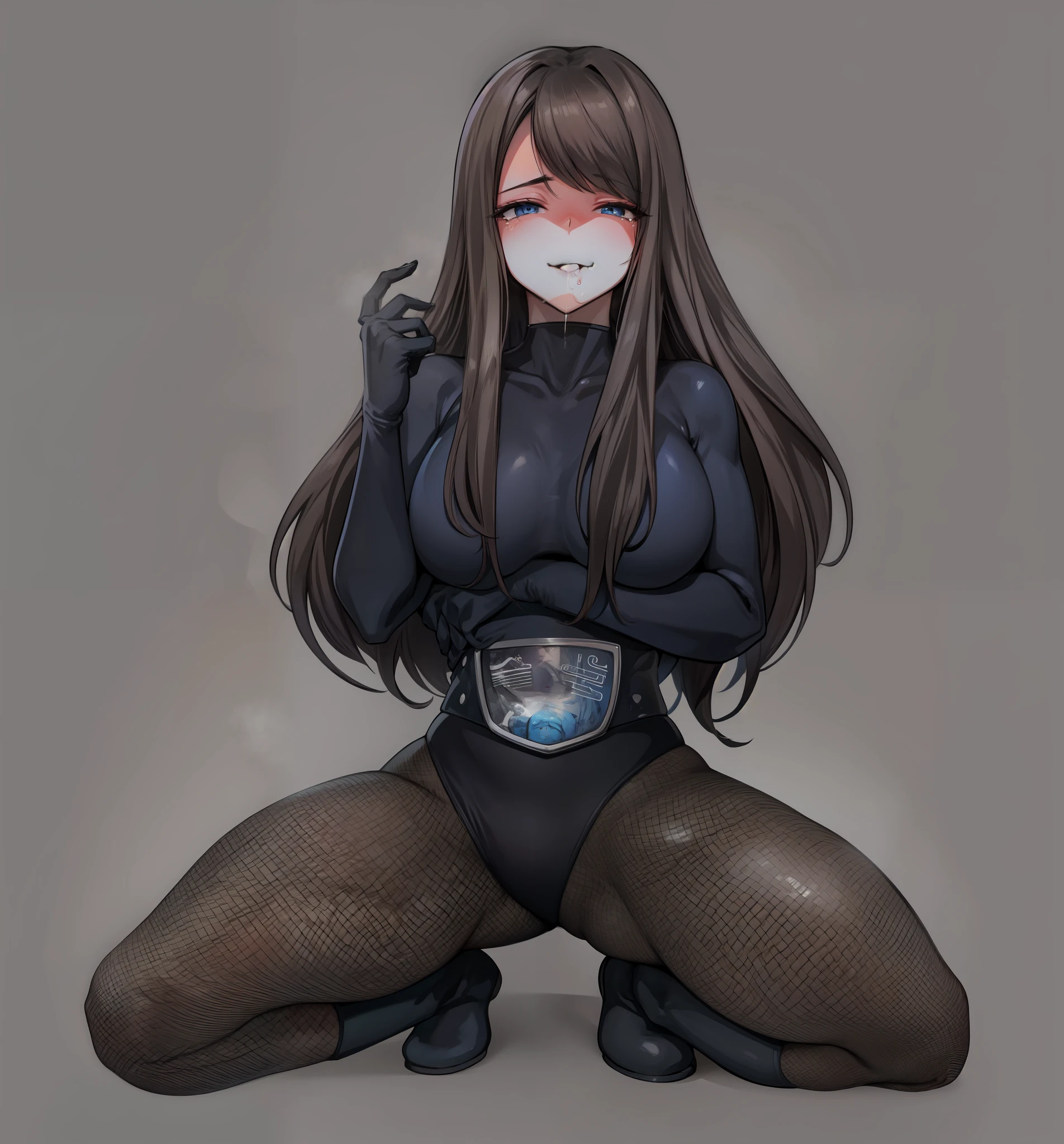 Blue skin girl、Close-up of a girl in a black leotard、Black shiny latex suit, Saiyan Girl, wonderful, Nano Girl, Female body type, Inspired by Hiromu Arakawa, Anime Manga Robot!! Anime Girls, Fubuki, Full Body Suit, by Hiromu Arakawa, , wonderful, silk, Beautiful and attractive anime , Anime Girls of the future, tears,Drooling,Pee,Sweat,Tongue out,incontinence,Peeing,Mouth open and tongue out,Estrus,Eyes wide open,Estrus,Blushing,Nipples are erect,Face is hot,Lust、Mouth wide open and tongue sticking out、Red face print on upper face and chin、incontinenceして股間が濡れています