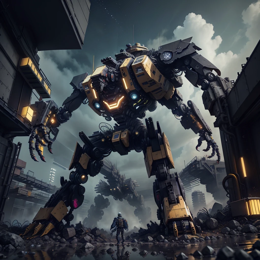 Construction site AI mech, HDRI, ultra realistic, UHD, many detail, retro 3 d graphics, trend on behance 3 d art, trend on behance 3d art, 3d illustration, 3 d illustrati,3d rendering, close-up, hyper front shot, style of Tsutomu Nihei, ghost in the shell, sci-fi, gaze, dystoia future society, gigantic complex structures background, gloomy environment, deep foggy, lighting effects from various directions, red and blue illuminations, complicated lines and rubber tubes with grunge, bolt, rivetings, dynamic lighting effects, Unreal engine 5, RTX 4090 shader, hyper detail texture with reflection,