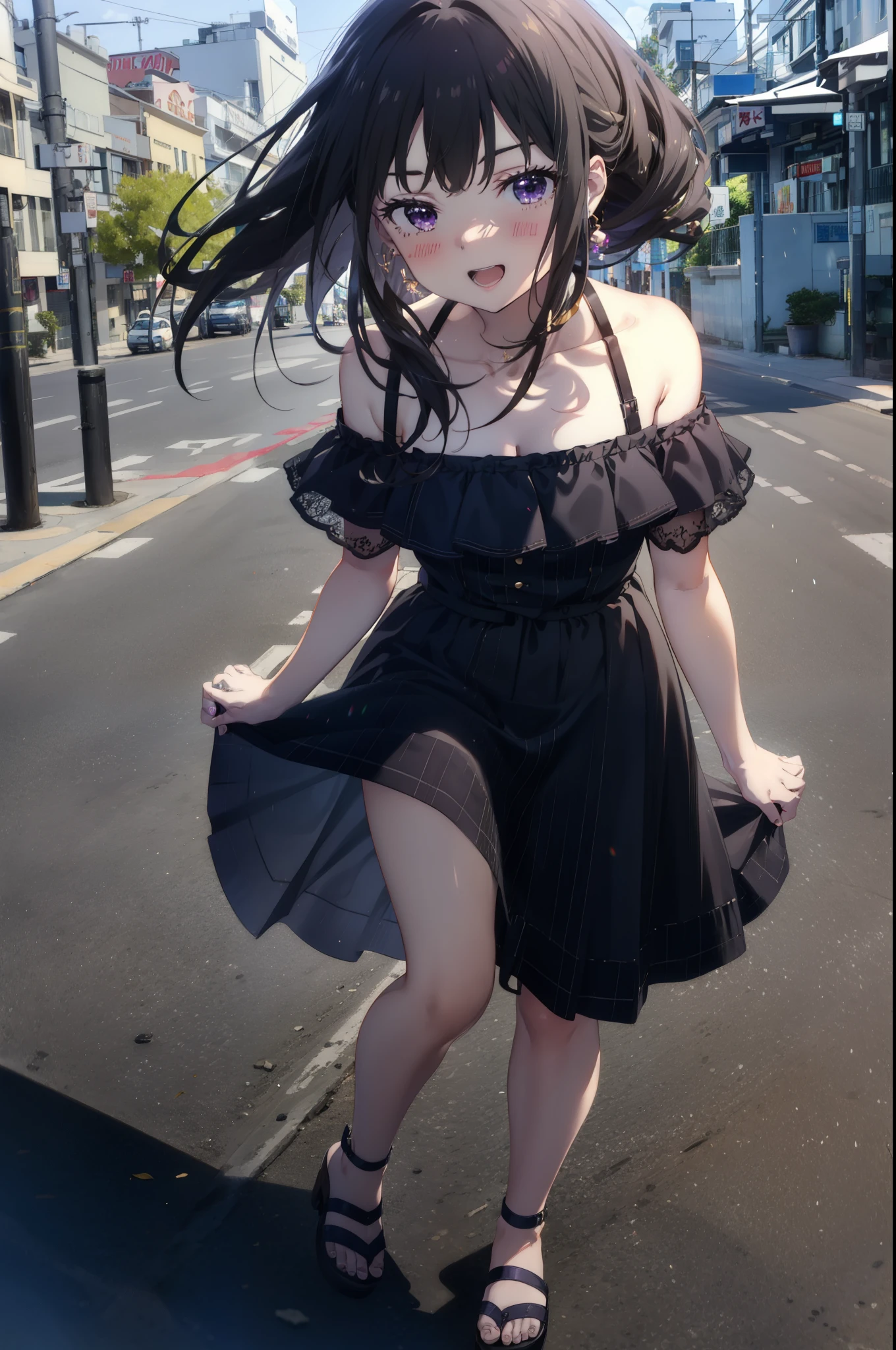 Takiuchi, Check it out, Long Hair, bangs, Black Hair, (Purple eyes:1.2),happy smile, smile, Open your mouth,Off-the-shoulder blue dress,Exposing shoulders,bare clavicle,Bare neck,Bare arms,blue long skirt,Cute heeled sandals,Real Summer,Daytime,sunny,My hair is blowing in the wind,whole bodyがイラストに入るように,Looking down from above,
break outdoors, city,海岸通り
break looking at viewer, whole body,
break (masterpiece:1.2), highest quality, High resolution, unity 8k wallpaper, (shape:0.8), (Beautiful details:1.6), Highly detailed face, Perfect lighting, Extremely detailed CG, (Perfect hands, Perfect Anatomy),