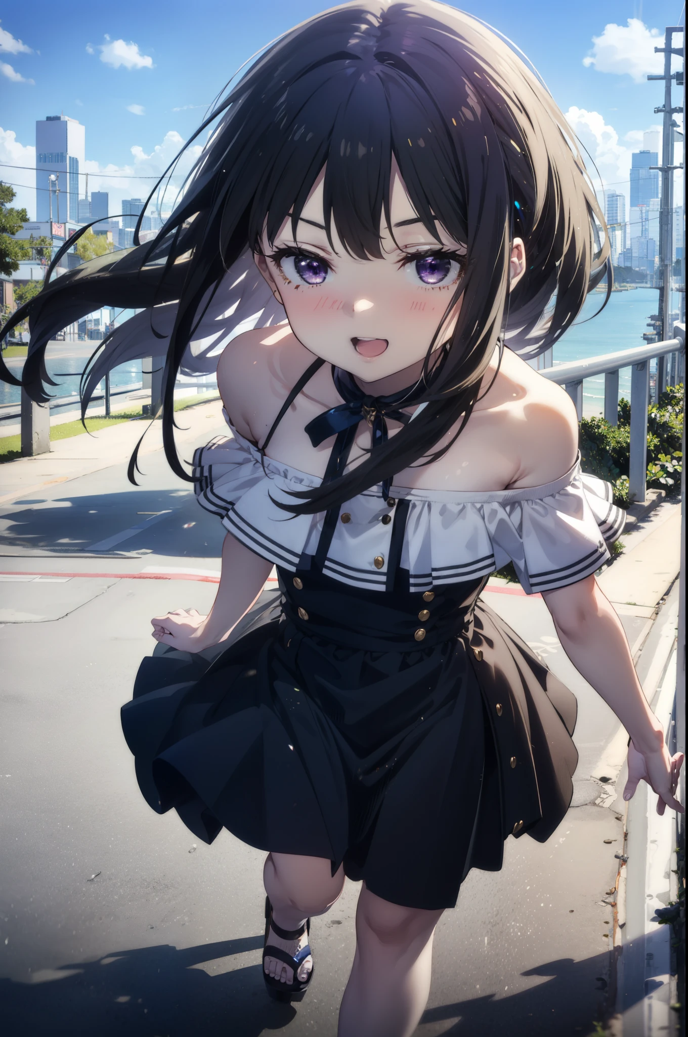 Takiuchi, Check it out, Long Hair, bangs, Black Hair, (Purple eyes:1.2),happy smile, smile, Open your mouth,Off-the-shoulder blue dress,Exposing shoulders,bare clavicle,Bare neck,Bare arms,blue long skirt,Cute heeled sandals,Real Summer,Daytime,sunny,My hair is blowing in the wind,whole bodyがイラストに入るように,Looking down from above,
break outdoors, city,海岸通り
break looking at viewer, whole body,
break (masterpiece:1.2), highest quality, High resolution, unity 8k wallpaper, (shape:0.8), (Beautiful details:1.6), Highly detailed face, Perfect lighting, Extremely detailed CG, (Perfect hands, Perfect Anatomy),