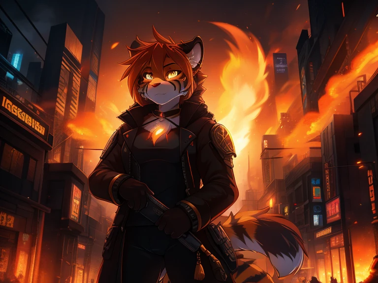 tiger, anthro, female, fur coat, (best quality), (detailed fire urban background:1.2), dramatic lighting, (detailed fluffy fur:1.1), (fantasy:1.2) cyberpunk style