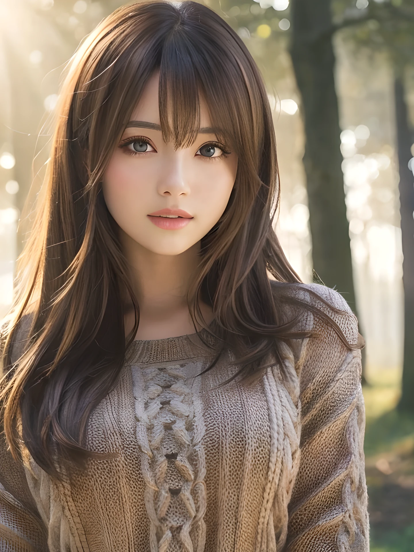 masterpiece, highest quality, High resolution, wallpaper, realistic, (bright lighting:1.4), professional lighting, face light, smooth lighting, (shoot from front:1.8), 1 girl, closeup-face, cute, sleepy, open mouth to say something, shy, Beautiful girl, sexy, super beautiful, beautiful skin, beautiful and detailed eyes、detailed face、slim、moderately, pixie cut, brunette colored hair, brown eyes, Professional Photography, Bokeh, Portrait, The morning sunlight shines through the misty forest path. sweater,
