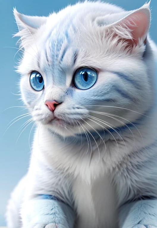 1 cute chubby blue cat, close-up detailed portrait, big blue eyes, soft focus background, hyperrealistic, 4k, high quality, detailed fur, realistic lighting, natural sunlight, vibrant blue and white colors