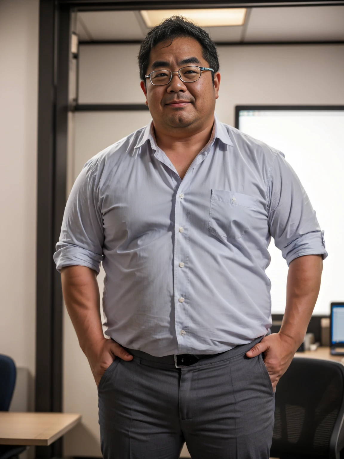 A little chubby Japanese male is 30 years old, A Japanese man in a business white shirt is standing, grey pants, medium geeky hair, natural nerdy hair, He is looking at viewer, round face:2, thick thighs, detailed mouth, In the office at night, a coffee break, Super detail, Anatomically correct, this image was taken with a medium telephoto lens, dark warehouse at night, smirking, a silver ring on his left ring finger, He opens his mouth a little, orgasm face, erotic humiliation, glasses, 