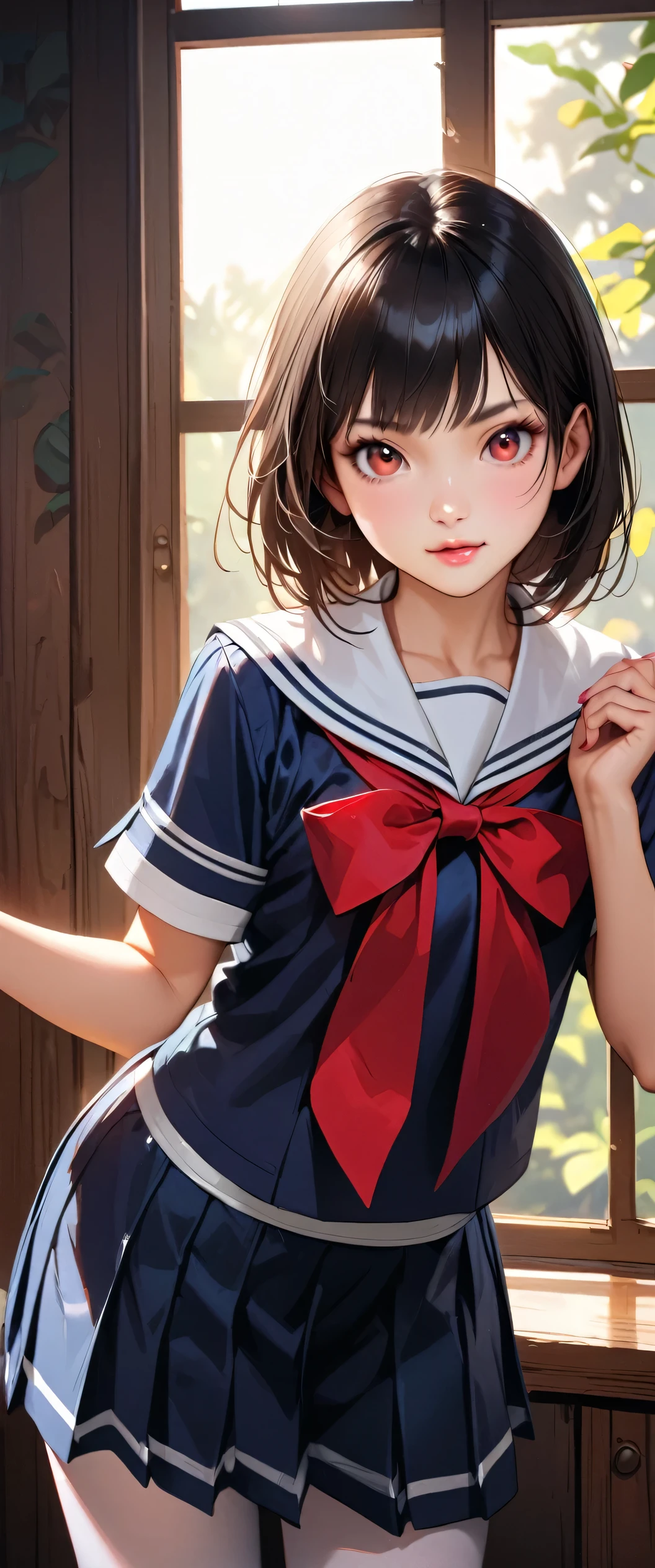 highest quality、High resolution、Detailed Background、Beautiful face in every detail、Teenage beauty、Detailed red eyes、Realistic、Perfect body line、Black Hair、Black Hairロングヘア、well-groomed eyebrows、Cute Lip Makeup、Calm atmosphere、A short-sleeved shiny dark sailor suit、White sailor collar、Navy blue pleated skirt、Red ribbon、White Stockings、Standing by the window in the classroom、Looking at me with a happy expression、Cute gestures、very beautiful