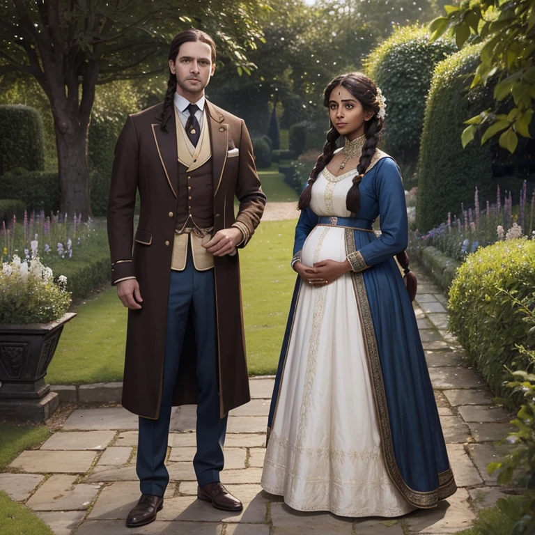 A white English adult husband with light skin and brown hair wearing a historical brown suit standing next to A short very young pregnant Indian girl with green eyes, long black hair, and dark brown skin wearing a long historic Edwardian blue dress with long sleeves standing in the garden of an English Manor