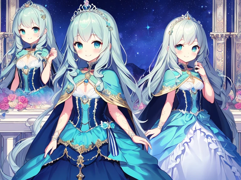 (kawaii),(best quality),(ultra detailed), upper body,(rococo style),(long train mint blue cape:1.05), very long cape,(long train mint blue ball gown with flower decorations:1.05), a girl is wearing a cape over her gown, 1 princess, tiara, smile, small , very long hair