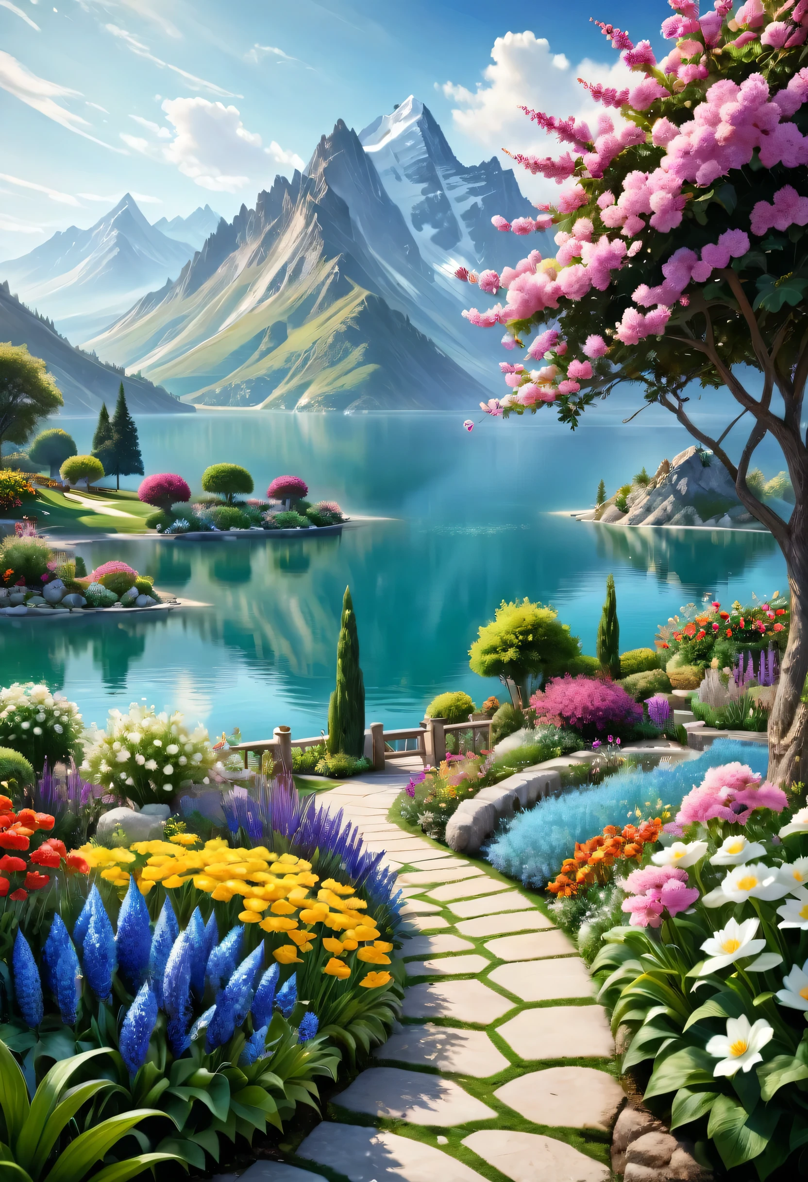 Beautiful Garden, realism, lake, Mountains, Flowers.romantic,32k