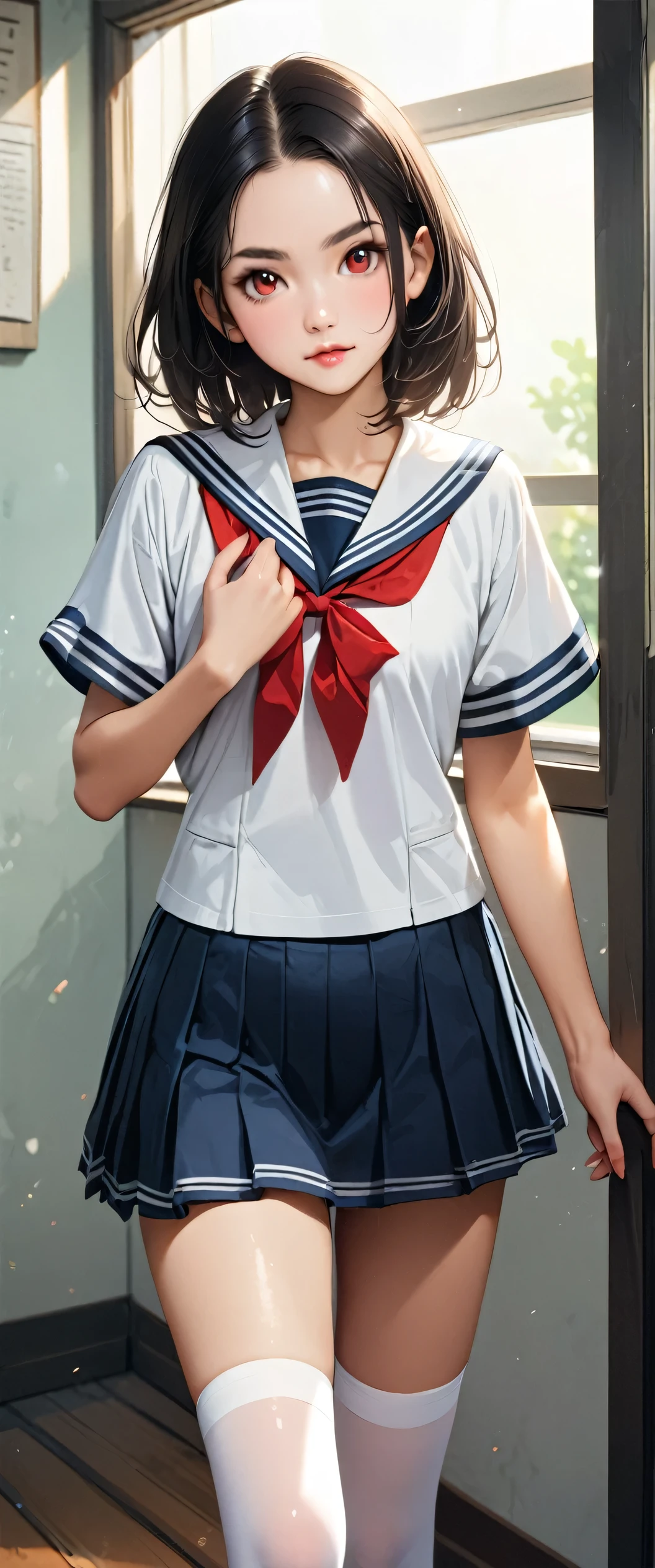 highest quality、High resolution、Detailed Background、Beautiful face in every detail、age beauty、Detailed red eyes、Realistic、Perfect body line、Black Hair、Black Hairロングヘア、well-groomed eyebrows、Cute Lip Makeup、Calm atmosphere、A short-sleeved shiny dark sailor suit、White sailor collar、Navy blue pleated skirt、Red ribbon、White Stockings、Standing by the window in the classroom、Looking at me with a happy expression、Cute gestures、very beautiful