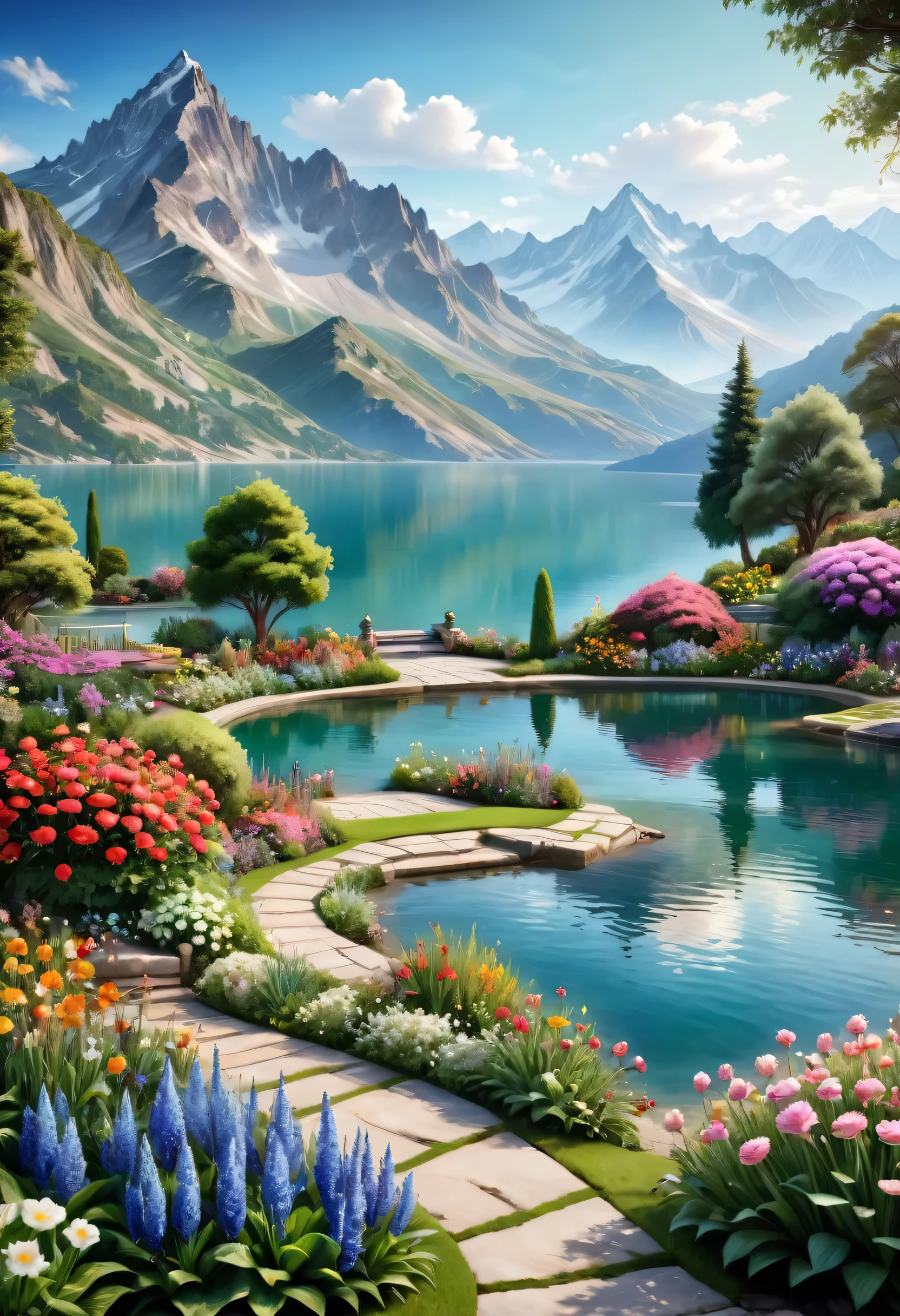 Beautiful Garden, realism, lake, Mountains, Flowers.romantic,32k