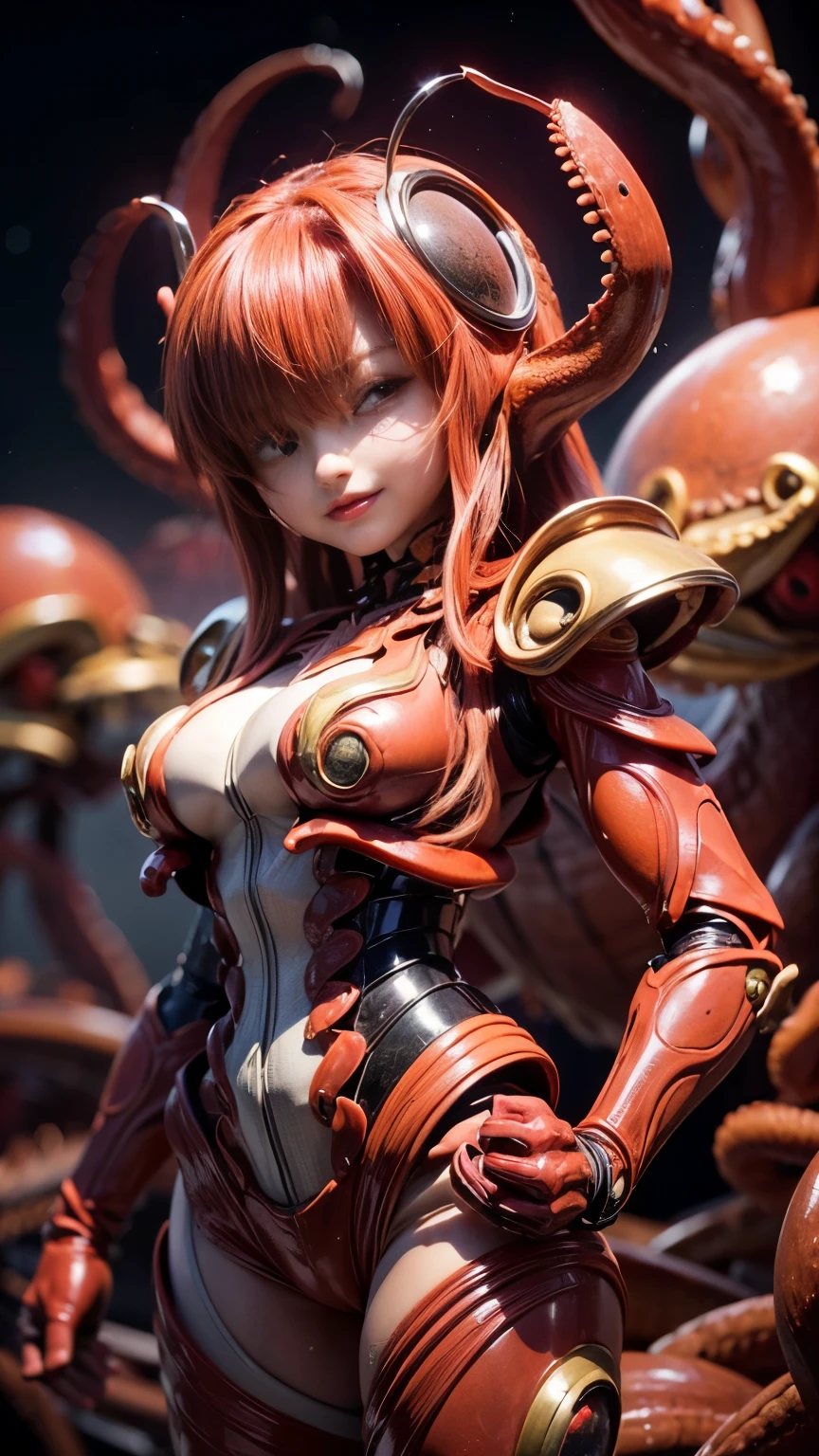 (high resolution,masterpiece,best quality,extremely detailed CG, anime, official art:1.4), realistic, photo, amazing fine details, all intricate, gloss and shiny,awesome many layers, 8k wall paper, 3d, sketch, kawaii, illustration,( solo:1.4), perfect female proportion,villainess, (fusion of octopus and lady:1.4), (octopus form lady:1.2), (octopus lady:1.2), (fusion:1.2), (solo:1.4), (evil smile:1.2), muscular, abs, (octopus exoskeleton bio insect suit:1.4), (octopus red exoskeleton bio insect armor:1.2), (red octopus antennae:1.3),Tentacles