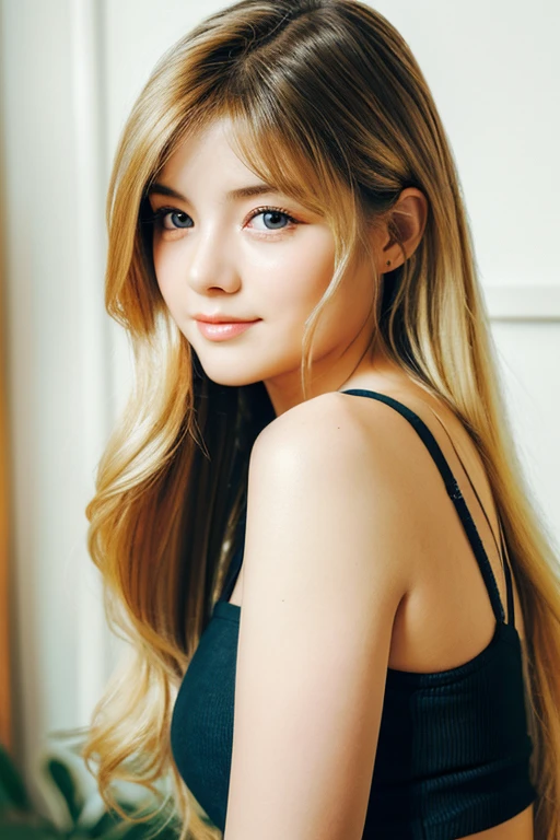 best quality, beautiful, Curvy Body, 22 years old woman, chuckle, long hair, blonde hair, Double eyelids Eyes, Twinkling Eyes, looking at viewer, Pencil-thin Eyebrows, Pointed Nose, Glossy Mouth, tank top, kawaii, big ass