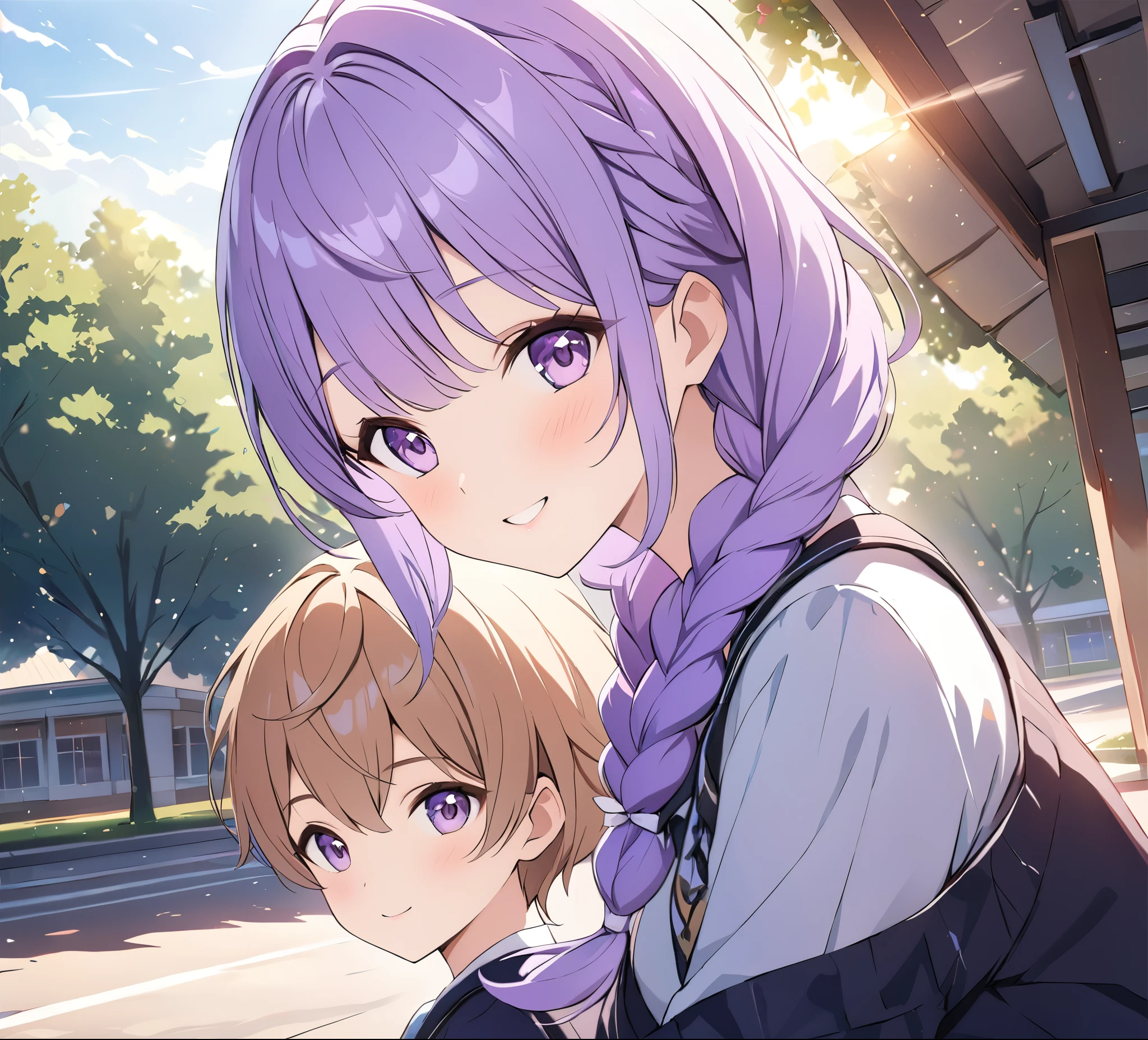 a boy and (a girl with purple and white gradient double braids) sitting side by side, youthful, campus background, sunlight streaming down, fresh and natural, sweet smiles, beautifully detailed, rich in details, high quality depiction, ultra-detailed, vivid colors, portraits, scenic lighting